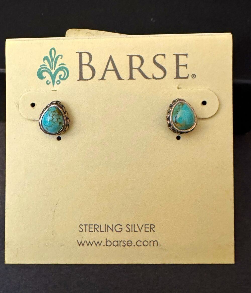 Barse 925 Sterling Silver Turquoise Teardrop Stud Earrings Bezel Signed